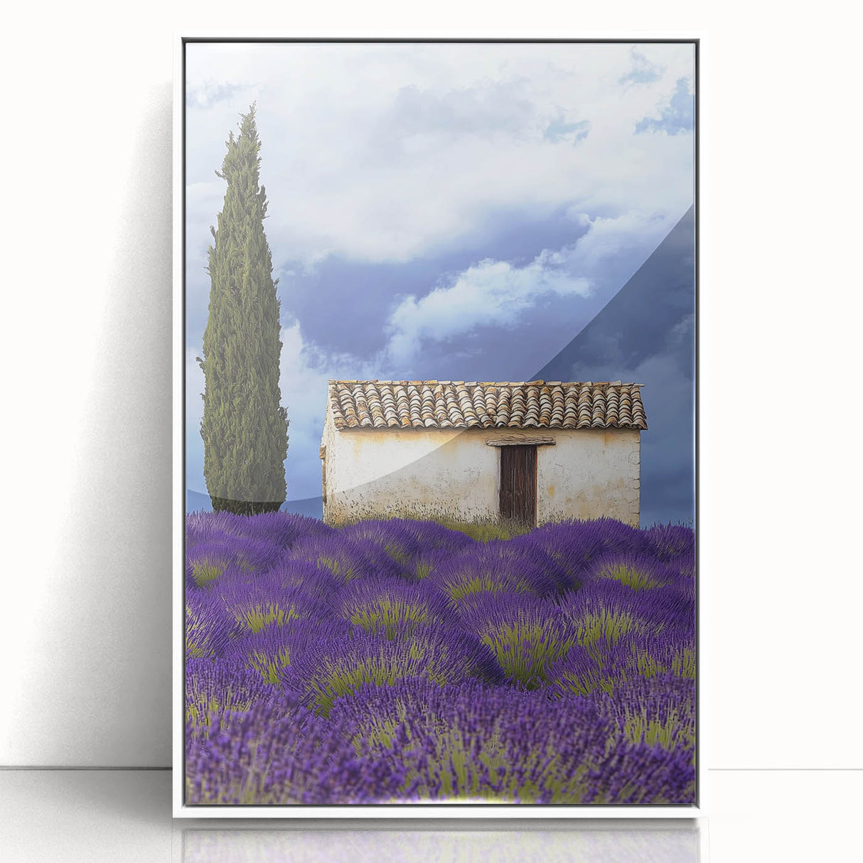 Framed acrylic artwork displaying vibrant green fields under a clear blue sky, featuring a white frame that enhances the serene landscape aesthetic. Perfect for modern home decor.