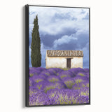 Framed black canvas showcasing a vibrant landscape of rolling fields at sunset, ideal for home decor and art enthusiasts. Perfect for modern interiors.