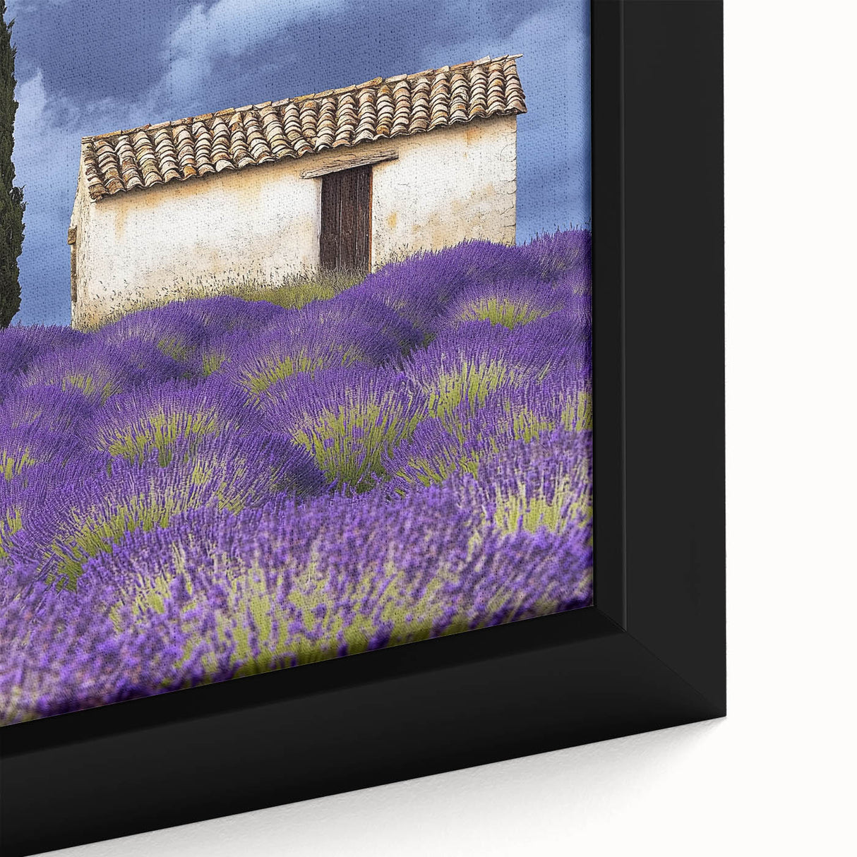 Close-up of a framed canvas print depicting vibrant green fields under a bright blue sky, showcasing detailed textures and rich colors, perfect for home decor.