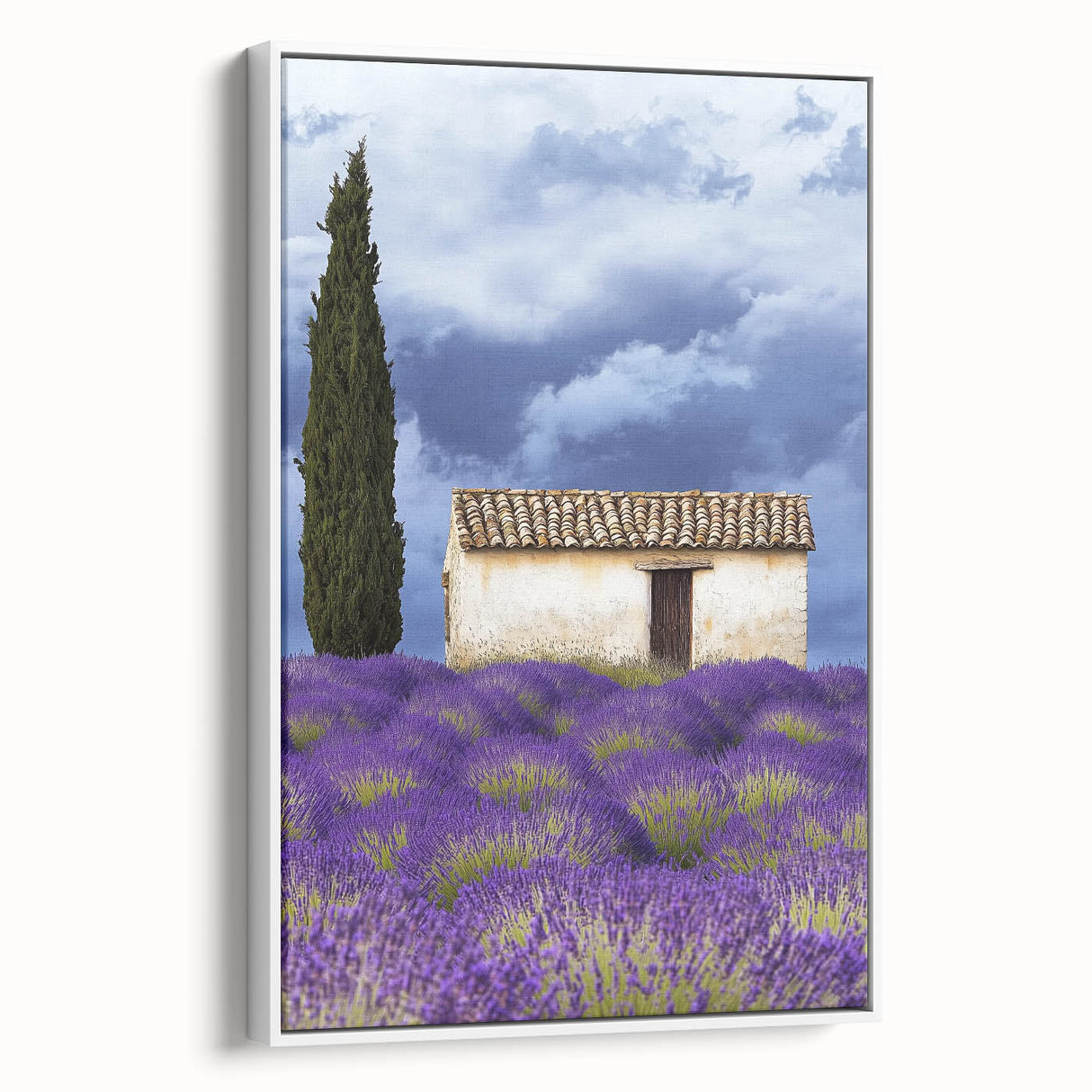 Framed canvas art featuring a serene landscape of rolling fields under a blue sky, showcasing vibrant green hues and soft white clouds, perfect for home decor.