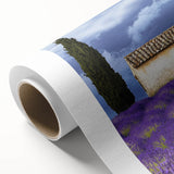 Vibrant rolled canvas depicting a serene landscape with lush green fields and a bright blue sky, packaged securely in a protective cardboard tube for easy transport.