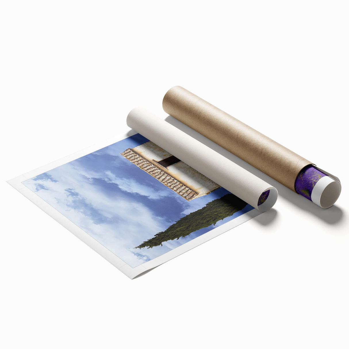 Vibrant landscape artwork featuring rolling green fields under a clear blue sky, beautifully printed on high-quality canvas, ready for display in any home or office setting.