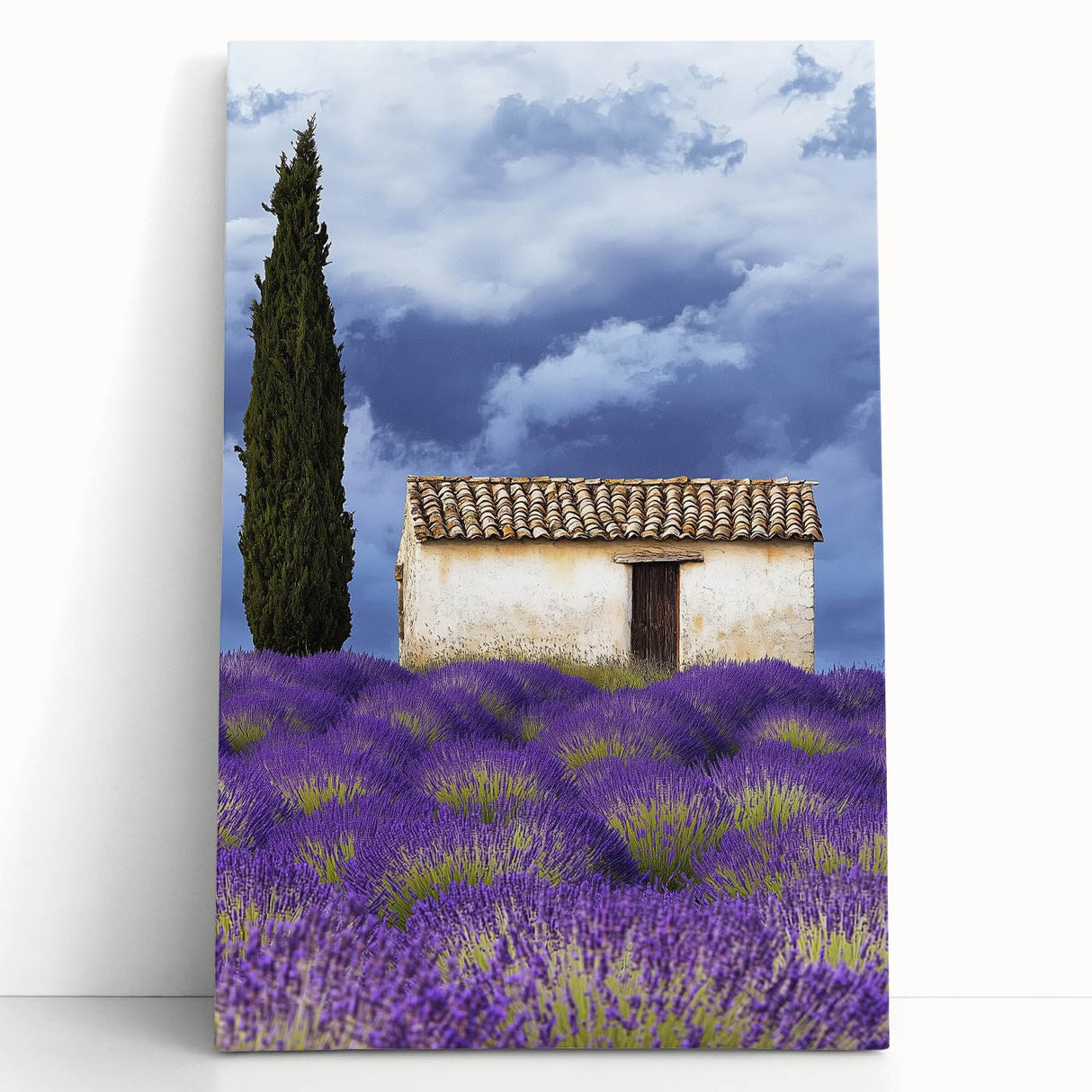 Stretched canvas artwork depicting serene green fields under a clear blue sky, showcasing vibrant colors and a peaceful landscape, perfect for home decor.