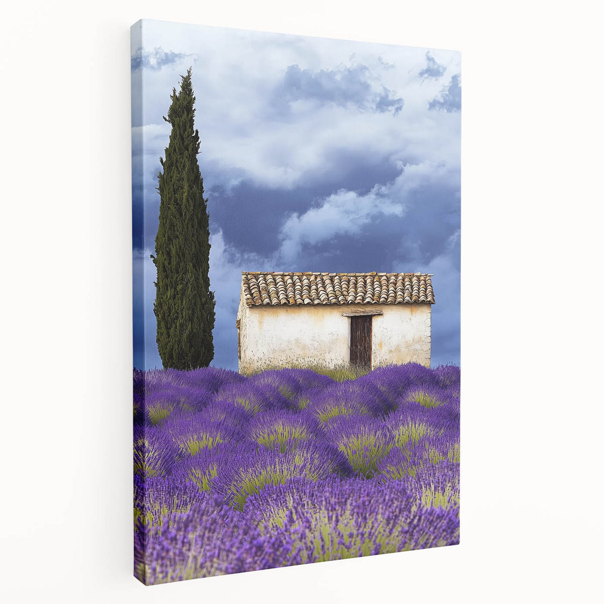 Stretched canvas artwork showcasing a vibrant landscape with rolling fields, featuring rich greens and golden hues, perfect for home or office decor.