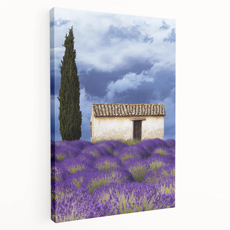 Stretched canvas artwork showcasing a vibrant landscape with rolling fields, featuring rich greens and golden hues, perfect for home or office decor.