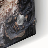 Large abstract wall art in muted earth tones on acrylic glass, ideal for dining room art in a mid-century modernist style.