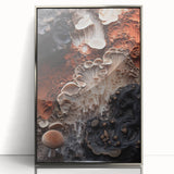 Mid-century modernist art featuring geometric shapes in muted tones on a framed acrylic print, ideal for nursery wall decor.