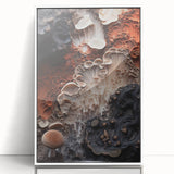 Art deco poster featuring natural elements in muted green and beige tones, framed in white acrylic.