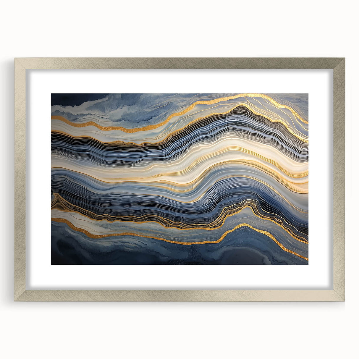 Textured abstract art print featuring close-up nature elements in muted green and brown, framed in silver.