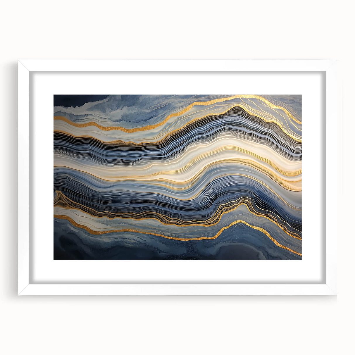 Abstract art print featuring close-up nature elements in muted green and brown tones, framed in white.