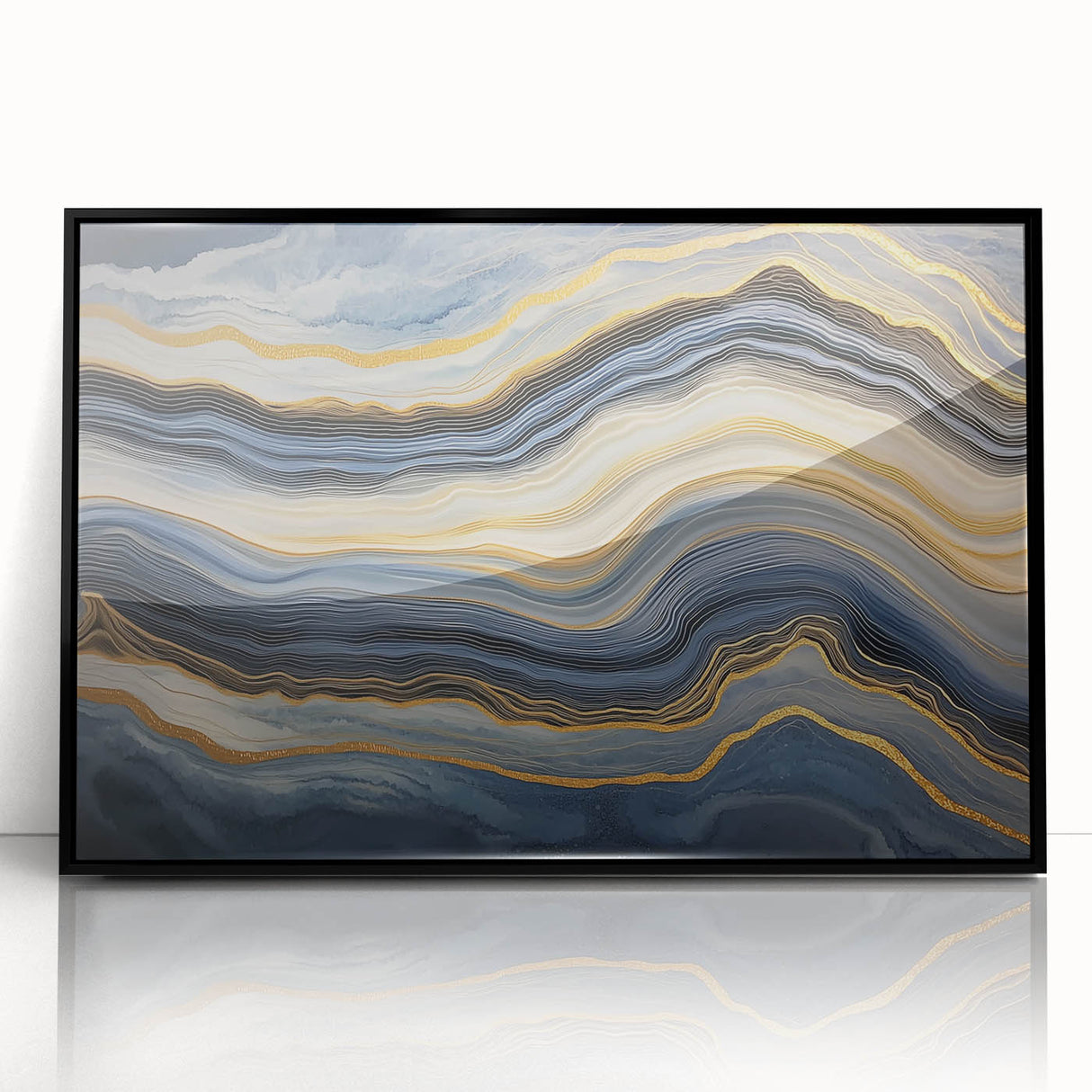Large abstract wall art featuring swirling blue and green tones on a framed acrylic, ideal for modern living room decor.