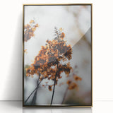 Mid-century modernist art print of autumn trees in gold and brown tones on a framed acrylic, ideal for nursery wall decor.