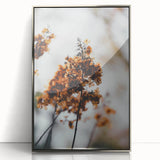 Mid-century modernist art depicting autumn trees in orange and brown tones on a framed acrylic, ideal for nursery wall decor.