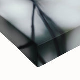 Large art featuring a black and white landscape painting on stretched canvas, displaying a serene fall scene.