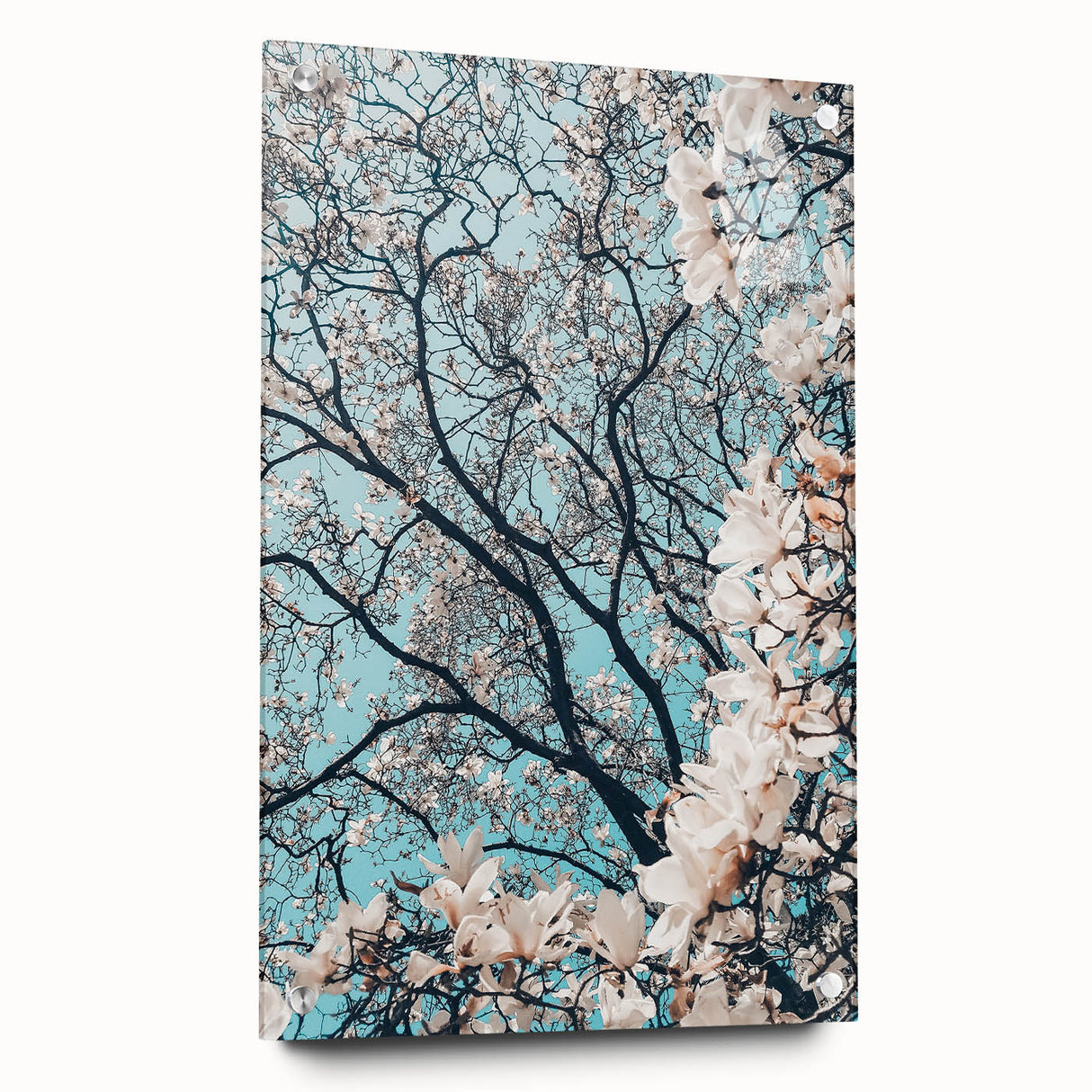 Large abstract wall art depicting spring themes in vibrant green and pink hues, acrylic glass material.
