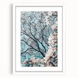 Abstract art print depicting spring with soft pastel shades on a white framed canvas.