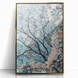 Large art print of a mid-century modernist spring scene in muted green and gold tones, acrylic framed.