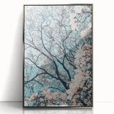 Mid-century modernist art depicting spring season in pastel colors on a silver-framed acrylic print.