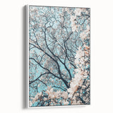 Vintage poster art of spring season on framed canvas, featuring colorful flowers on a black background.