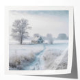 Winter-themed floral art on glossy photo paper, featuring muted blue and white tones.