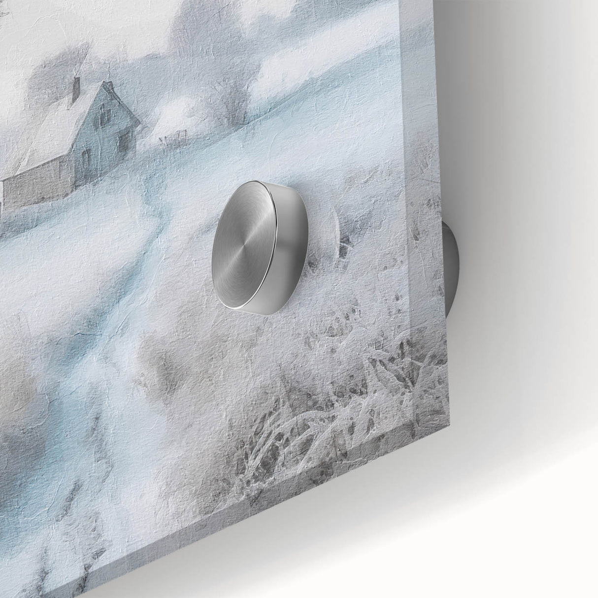 Large abstract wall art depicting a winter scene in muted gray and blue tones on acrylic glass.