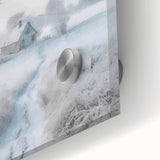 Large abstract wall art depicting a winter scene in muted gray and blue tones on acrylic glass.