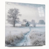 Acrylic print of a large abstract depiction of winter in muted blue and white tones.