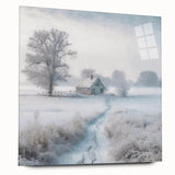 Large abstract winter scene in muted blue and white tones on acrylic glass, ideal for dining room art.
