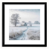 Abstract winter scene in vibrant blue and white hues on a large textured canvas, framed in black.