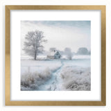 Extra large abstract art print depicting a winter scene in textured whites and blues, framed in gold.
