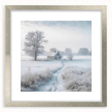 Textured art depicting a winter scene in abstract style, using cool blue and white tones, framed in silver.