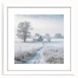 Abstract art print depicting a winter scene in muted blue and white tones, framed with a white mat.