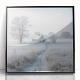 Large abstract wall art depicting a winter scene in muted blue and white tones on a framed acrylic.