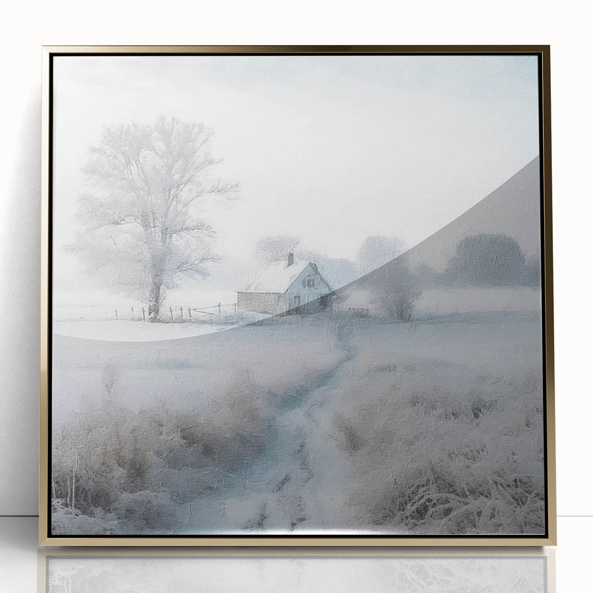 Winter landscape with snow-covered trees on large framed acrylic print, in mid-century modernist style.