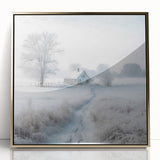 Winter landscape with snow-covered trees on large framed acrylic print, in mid-century modernist style.