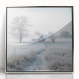 Mid-century modernist winter scene in muted blue and silver tones on a framed acrylic, ideal for nursery wall art.