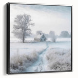 Framed canvas featuring a black and white winter landscape, ideal for bedroom wall art.