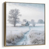 Winter landscape painting on framed canvas, featuring silver and gold tones, suitable for bedroom wall art.