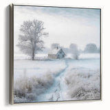 Winter landscape art painting on framed canvas, featuring muted silver and black tones, ideal for modern living room decor.
