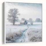 Framed canvas of a vintage poster art depicting a winter scene in muted white and gray tones, suitable for living room decor.