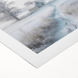 Art deco poster featuring a winter scene with muted blue and white tones on rolled canvas, suitable for dining room decor.