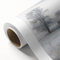 Winter scene with soft snowfall and bare trees in muted cool tones, rolled canvas, suitable as nursery wall art.