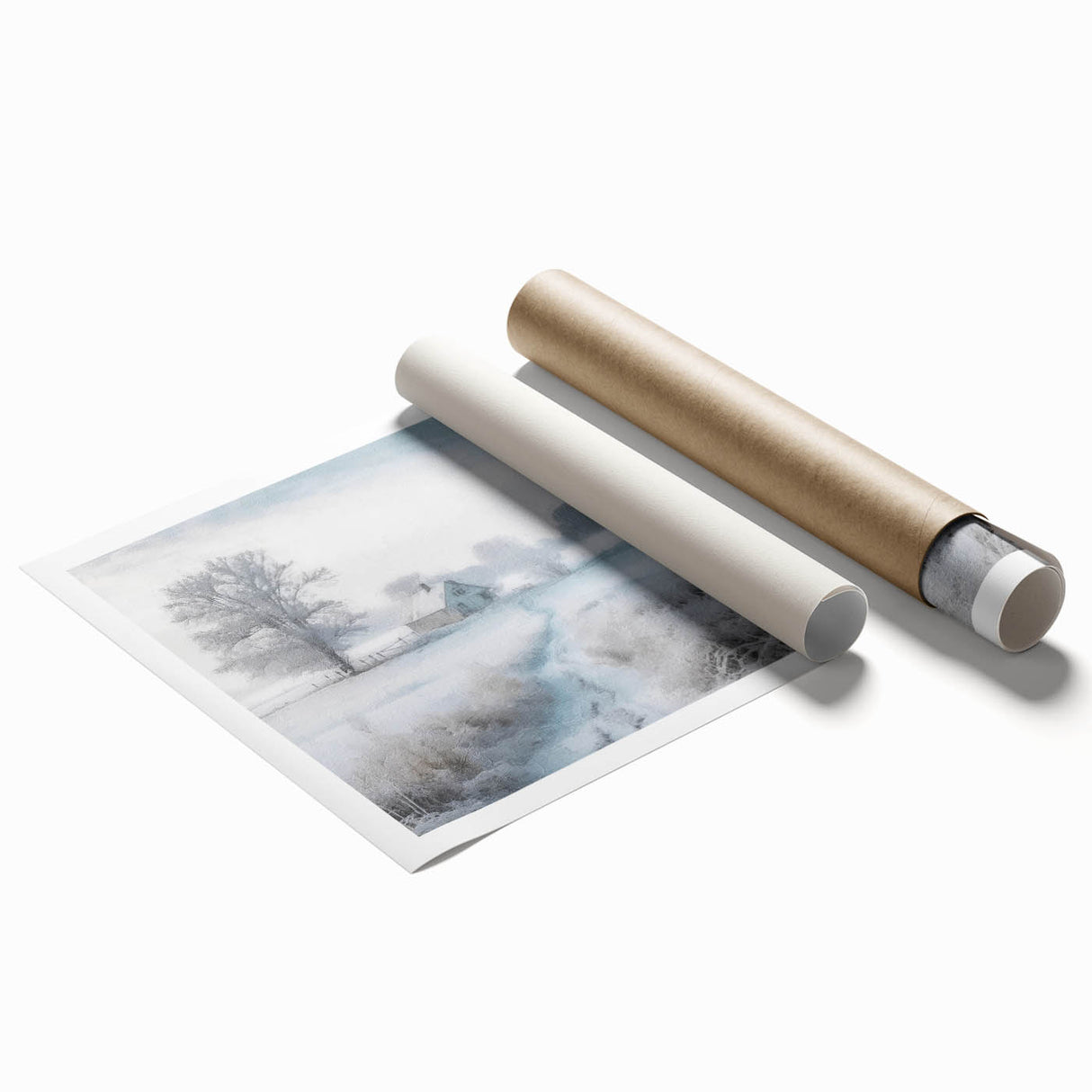 Winter-themed floral art on rolled print, in soft white and blue tones, suited for classy bathroom wall art.