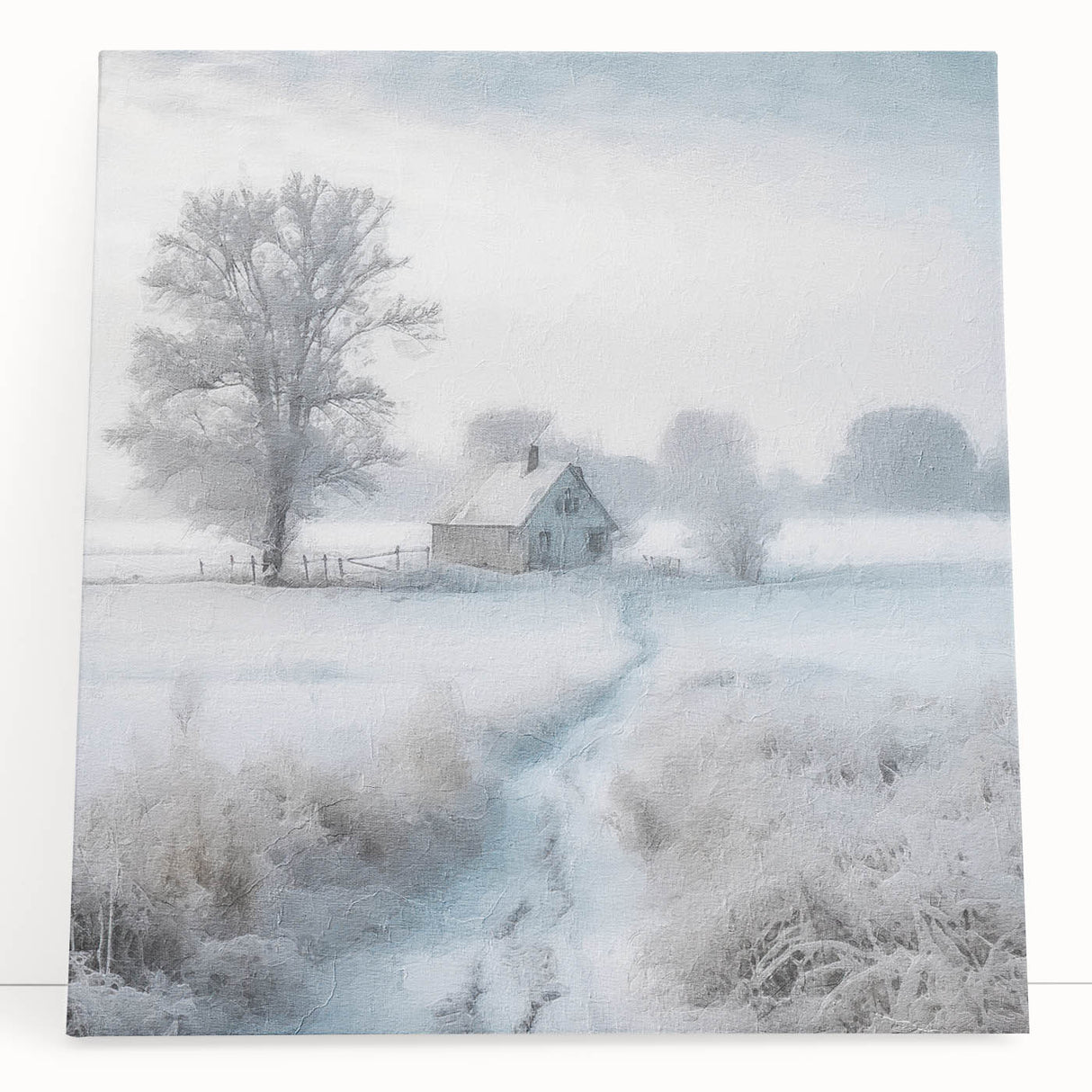 Winter landscape in black and white on stretched canvas, ideal for kitchen wall art or bedroom ambiance.