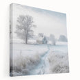 Winter landscape with snow-covered trees on stretched canvas, in muted white and blue tones, ideal for kitchen wall art.