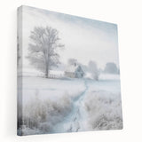 Winter landscape with snow-covered trees on stretched canvas, in muted white and blue tones, ideal for kitchen wall art.