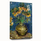 Large abstract wall art on acrylic glass depicting swirling blue and yellow patterns.