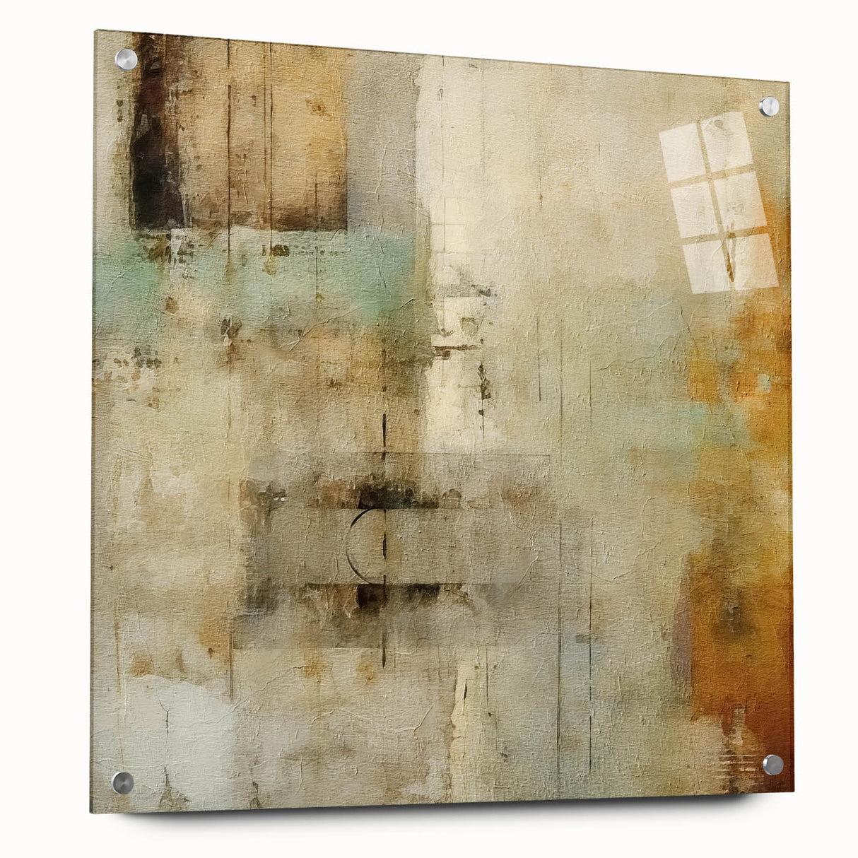 Abstract wall art print featuring vibrant strokes in shades of blue, pink, and yellow, displayed in an acrylic glass frame with visible pins, ideal for modern decor.