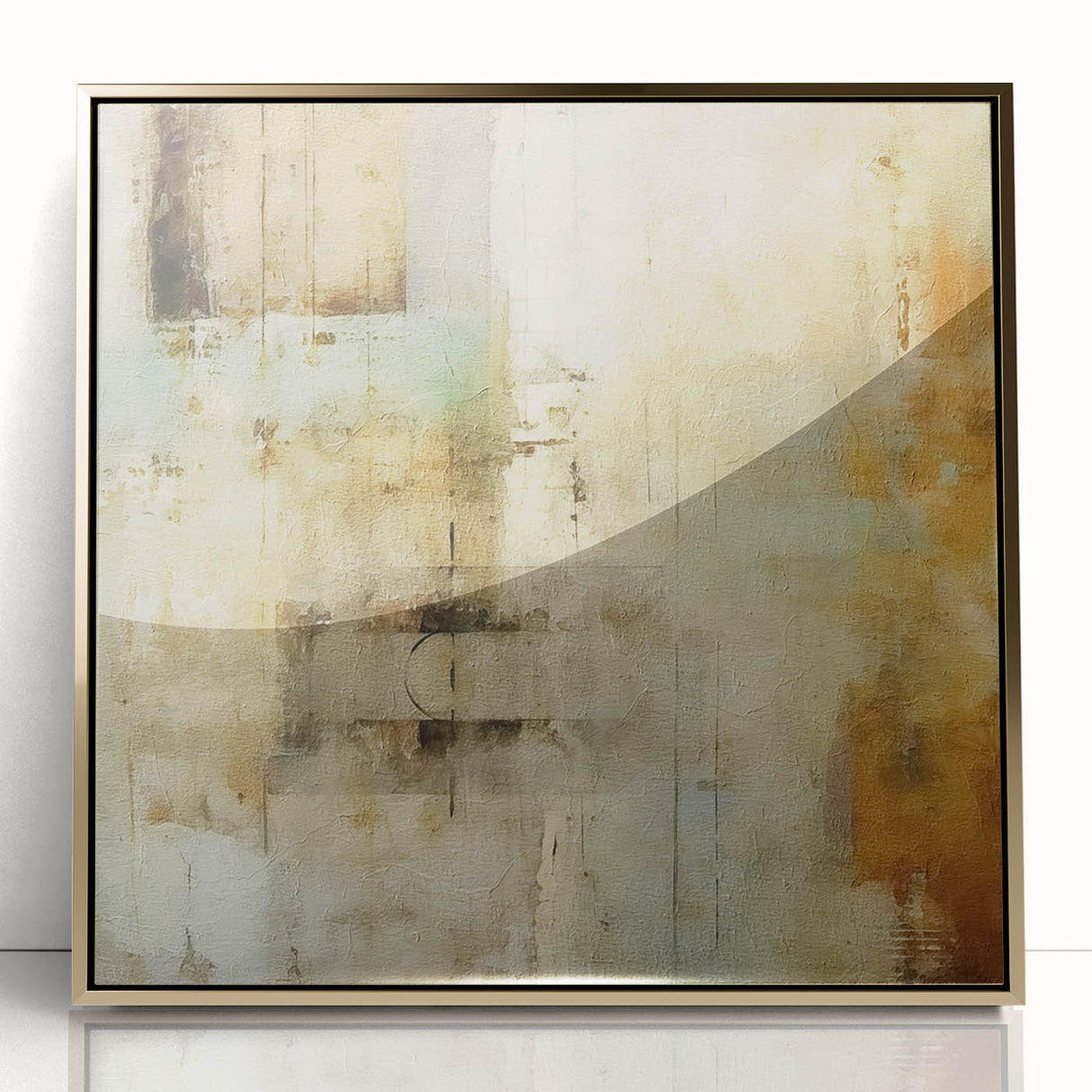 Framed acrylic wall art featuring abstract gold strokes on a textured background, adding a modern touch to home decor with a sleek design and elegant finish.