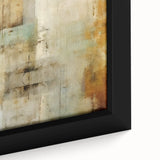 Close-up of framed abstract wall art featuring vibrant strokes in shades of blue, orange, and yellow, ideal for modern home decor. Perfect for adding a pop of color to any room.